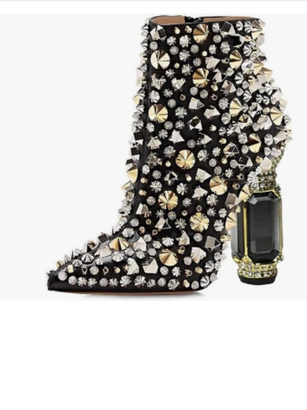 FSJ Black Rivets Pointed Toe Crystal Heel Ankle Boot Glossy Side Zipper Shoes